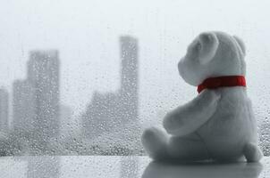 blanco osito de peluche oso sentado solo y Mira a ventana en lluvioso día. foto