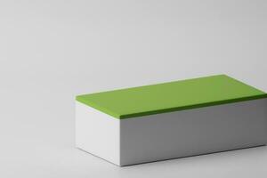3D rendering white rectangular shaped product display podium with green layered surface on empty background. Product display mockup photo