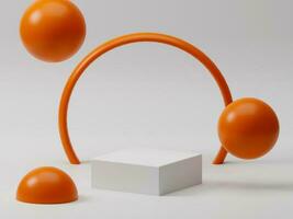 3D render minimal square product podium with floating balls and ring round circle on white empty background photo
