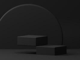 3d representación mínimo negro tema cuadrado pedestal o podio para producto escaparate monitor en vacío antecedentes. 3d Bosquejo ilustración foto