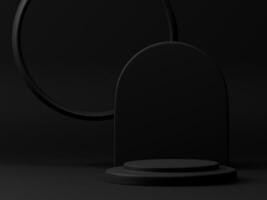 3D rendering minimal  black theme product display pedestal podium with circle wall panel on empty background. 3D showcase mockup photo