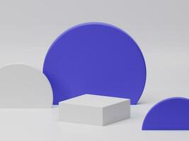 3d representación mínimo blanco cuadrado pedestal o podio para producto escaparate monitor con púrpura panel y flotante pelota en vacío antecedentes. 3d Bosquejo ilustración foto
