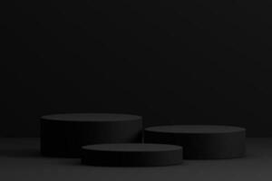 3d representación mínimo negro tema cilindro pedestal o podio para producto escaparate monitor en vacío antecedentes. 3d Bosquejo ilustración foto