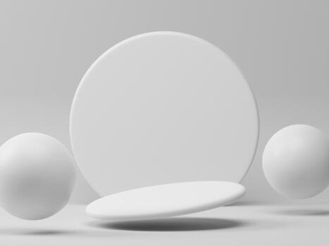 3D rendering minimal white round product podium showcase display on empty background. Floating balls and big circle panel backdrop mockup illustration photo