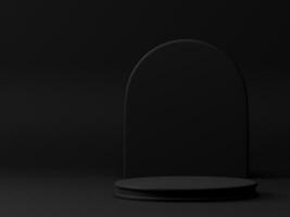 3d representación lujo negro tema cilindro pedestal o podio para producto escaparate monitor con pared panel en vacío antecedentes. 3d Bosquejo ilustración foto