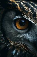 Owl eye closeup, created with generative AI photo