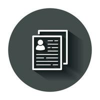 Resume icon in flat style. Contract document vector illustration with long shadow. Resume business concept.