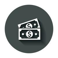 Dollar currency banknote icon in flat style. Dollar cash vector illustration with long shadow. Banknote bill business concept.