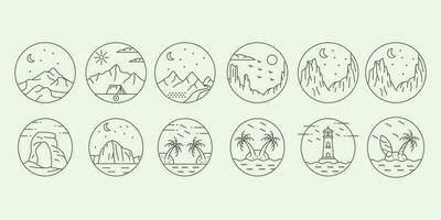 set natural adventure logo design minimalist illustration line art icon vector