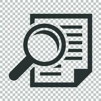 Scrutiny document plan icon in flat style. Review statement vector illustration on isolated background. Document with magnifier loupe business concept.