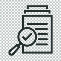 Scrutiny document plan icon in flat style. Review statement vector illustration on isolated background. Document with magnifier loupe business concept.