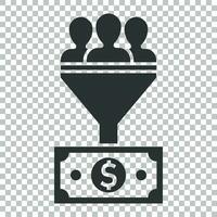 Lead management icon in flat style. Funnel with people, money vector illustration on isolated background. Target client business concept.