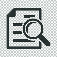 Scrutiny document plan icon in flat style. Review statement vector illustration on isolated background. Document with magnifier loupe business concept.