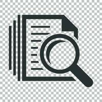 Scrutiny document plan icon in flat style. Review statement vector illustration on isolated background. Document with magnifier loupe business concept.