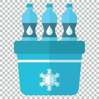 Portable fridge refrigerator with water bottle icon in flat style. Freezer bag container vector illustration on isolated background. Fridge and soda drink business concept.