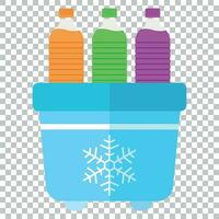 Portable fridge refrigerator with water bottle icon in flat style. Freezer bag container vector illustration on isolated background. Fridge and soda drink business concept.