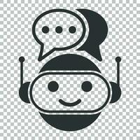 Cute robot chatbot icon in flat style. Bot operator vector illustration on isolated background. Smart chatbot character business concept.