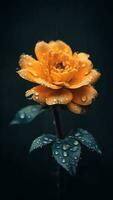 Beautiful yellow rose with raindrops on dark background ai generated photo