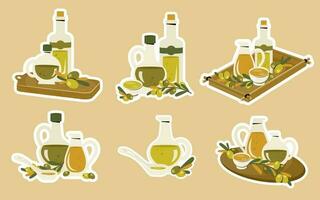 Set of stickers with olive oil bottles. Glass pitcher and corked bottle of extra virgin olive oil on wood board. Kitchenware with branch of olive trees, leaves. Cooking concept. Healthy food. Vector