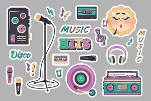 Hand drawn music label templates. Set of trendy stickers in retro style of 90s, 80s, 70s. Cartoon character sun, tape recorder, microphone, notes, text. Vector illustration