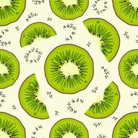 Trendy Fresh fruit seamless pattern. Whole kiwi fruit and kiwi slices with juicy pulp and seeds. Bright exotic background. Vector illustration for wallpapers,textile, web, print, case, wrapping paper