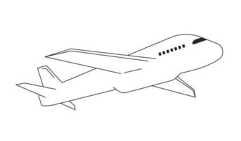 Airplane flying flat monochrome isolated vector object. Passenger plane flight. Air travel. Editable black and white line art drawing. Simple outline spot illustration for web graphic design