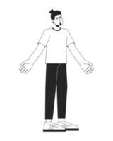 Annoyed man throwing up hands flat line black white vector character. Editable outline full body person. Clueless bearded man shrugging simple cartoon isolated spot illustration for web graphic design