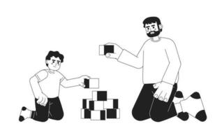 Father and son playing monochrome vector spot illustration. Toddler boy building pyramid with dad 2D flat bw cartoon characters for web UI design. Parent child isolated editable hand drawn hero image