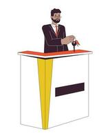 Male receptionist at hotel front desk flat line color vector character. Concierge. Editable outline full body person on white. Motel check in simple cartoon spot illustration for web graphic design