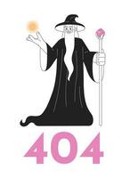 encantador haciendo magia trucos negro blanco error 404 destello mensaje. hombre experto en magia. monocromo vacío estado ui diseño. página no encontró surgir dibujos animados imagen. vector plano contorno ilustración concepto