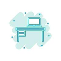 vector dibujos animados mueble mesa con ordenador portátil computadora icono en cómic estilo. mesa firmar ilustración pictograma. mueble negocio chapoteo efecto concepto.