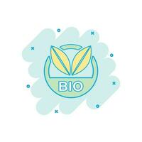 icono de insignia de etiqueta biológica de dibujos animados vectoriales en estilo cómico. Pictograma de ilustración de concepto de sello de producto orgánico ecológico. concepto de efecto de salpicadura de negocio de alimentos naturales ecológicos. vector