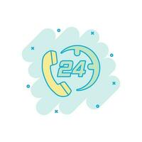 Vector cartoon technical support 24 7 icon in comic style. Phone clock help concept illustration pictogram. Computer service support business splash effect concept.