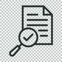 Scrutiny document plan icon in flat style. Review statement vector illustration on isolated background. Document with magnifier loupe business concept.