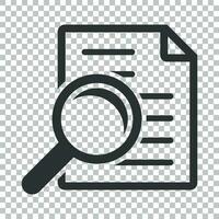 Scrutiny document plan icon in flat style. Review statement vector illustration on isolated background. Document with magnifier loupe business concept.