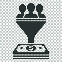 Lead management icon in flat style. Funnel with people, money vector illustration on isolated background. Target client business concept.