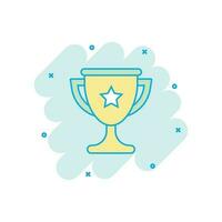 Vector cartoon trophy cup icon in comic style. Winner sign illustration pictogram. Award prize business splash effect concept.