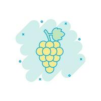 Vector cartoon grape fruit with leaf icon in comic style. Bunch of wine illustration pictogram. Grapevine business splash effect concept.