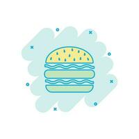 icono de comida rápida de hamburguesa de dibujos animados vectoriales en estilo cómico. pictograma de ilustración de signo de hamburguesa. concepto de efecto de salpicadura de negocio de hamburguesas. vector