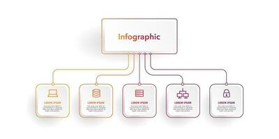 Infographic diagram 5 options for business presentation. Mind Map, Process, Template, Flowchart, Diagram, Teamwork. Vector illustration.