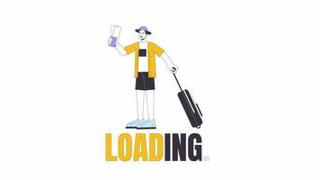 Traveler with airline tickets carrying luggage line 2D loading animation. Going on vacation animated cartoon outline character 4K video loading motion graphic. Flight journey download process gif