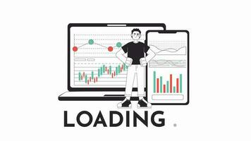 E-platforms for investor black and white loading animation. Stock exchange trader hands on hips outline 2D cartoon character 4K video loader motion graphic. Investment management waiting animated gif