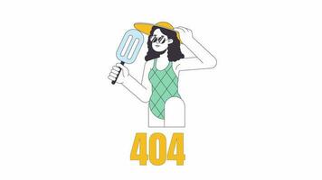 comiendo hielo crema en verano 404 error animación. Hora de verano error mensaje gif, movimiento gráfico. Gafas de sol mujer disfruta verano descanso animado dibujos animados línea personaje 4k vídeo aislado en blanco antecedentes video