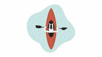 kayak activité dans rivière bw dessin animé animation. extrême sport 4k vidéo mouvement graphique. canoë concours. pagayer kayakiste aviron 2d monochrome ligne Animé personnage isolé sur blanc Contexte video