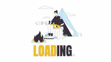 Camping with toasted marshmallow line 2D loading animation. Male hiker animated cartoon outline character 4K video loading motion graphic. Hiking in the fall. Forest vacation download process gif