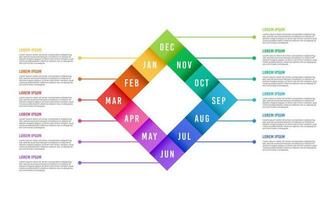 12-month diamond-shaped total work cycle business infographic. Vector illustration.