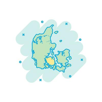 Vector cartoon Denmark map icon in comic style. Denmark sign illustration pictogram. Cartography map business splash effect concept.