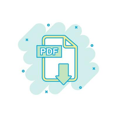 Cartoon colored PDF download icon in comic style. PDF illustration pictogram. Document sign splash business concept.