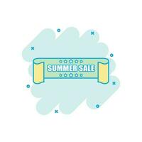 Vector cartoon summer sale ribbon icon in comic style. Discount, sale sticker label sign illustration pictogram. Summer sale tag business splash effect concept.