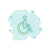 hombre de dibujos animados de vector en icono de silla de ruedas en estilo cómico. Pictograma de ilustración de signo inválido para discapacitados. concepto de efecto de salpicadura de negocios de personas.